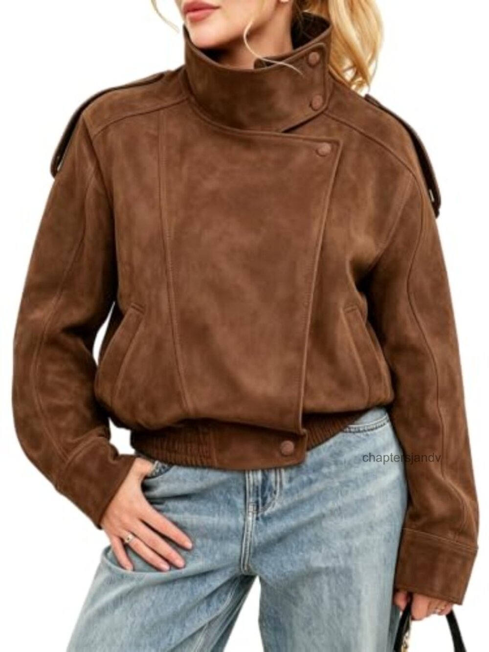 Suede Jacket High Collar Button Coat Casual Zip Drop Shoulder Long Sleeve